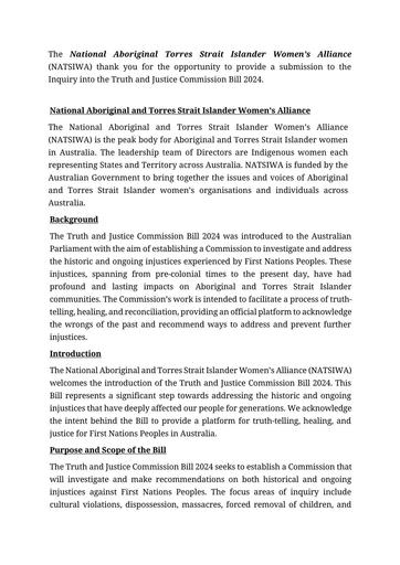 NATSIWA submission to the Inquiry into the Truth and Justice Commission Bill 2024 v2