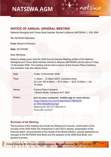 NATSIWA AGM Notice and Agenda 2026