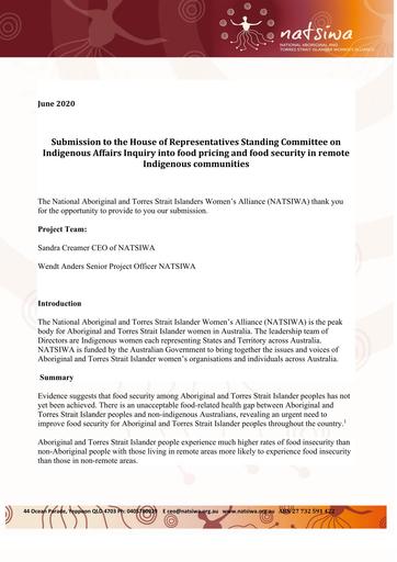 Submission to the House of Representatives Standing Committee on Indigenous Affairs Inquiry into Food Pricing and Food Security in Remote Indigenous Communities (June 2020)